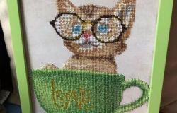 Картина, вышитая бисером «Котёнок в чашке» в Брянске - объявление №2011139